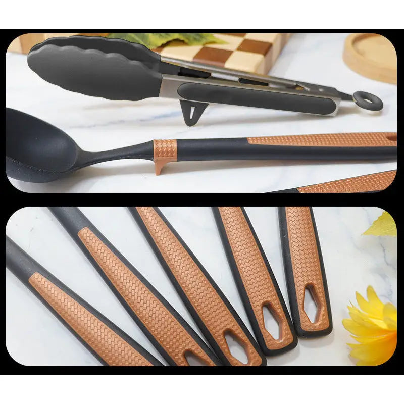 Black and copper kitchen utensil set.