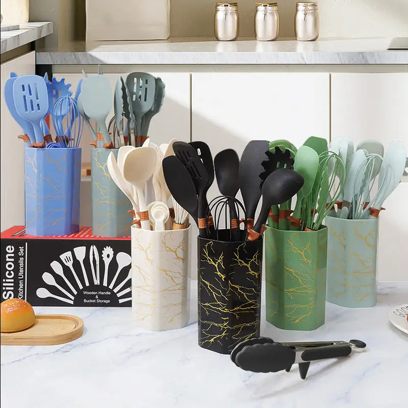 Colorful silicone kitchen utensil sets.