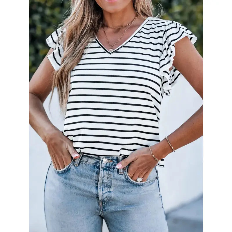 Ruffle Sleeve Striped Top