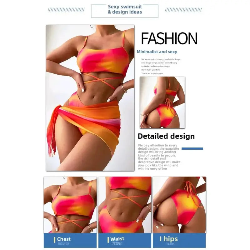 Bikini de tres piezas con falda de malla y efecto tie-dye