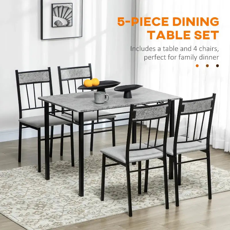 Five-piece dining table set with black metal frames and gray faux-marble surfaces.