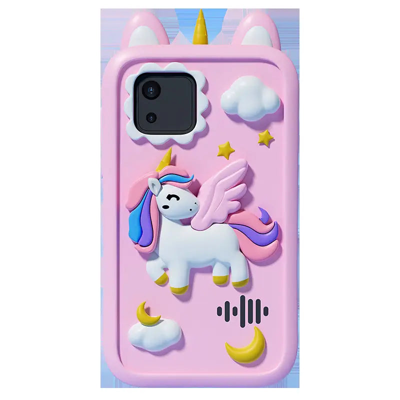 Pink phone case with a unicorn design on a white background