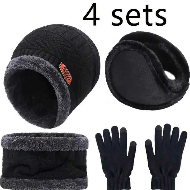 4pcs sets Winter Warm Velvet Unisex Hat Scarf Gloves Set