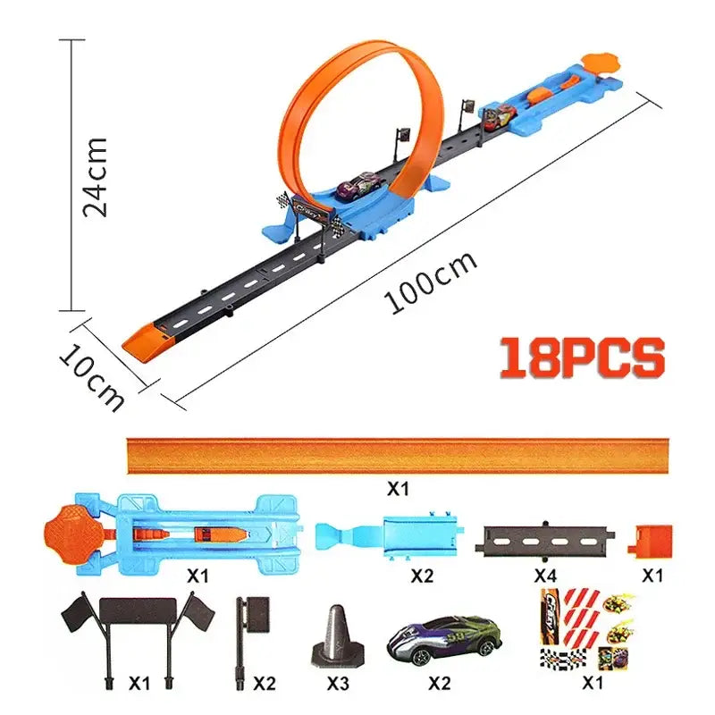 Toy track set with dimensions and component list on a white background