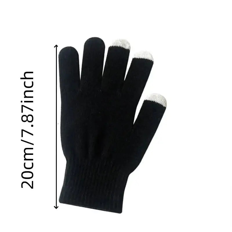 Black glove with white tips and measurement text on a white background