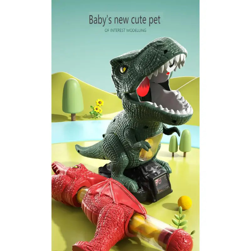 Toy dinosaur with a red mouth open, set against a colorful landscape background.