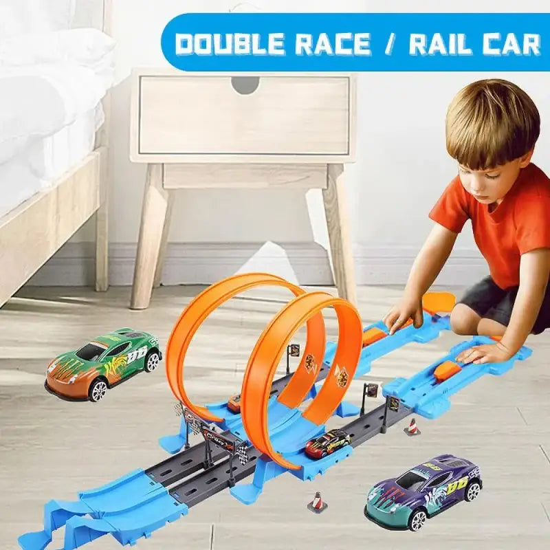 Child playing with a double race rail car set in a bedroom.