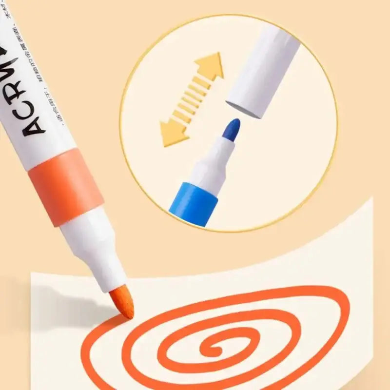 Acme marker drawing a spiral on paper with close-up of marker caps.