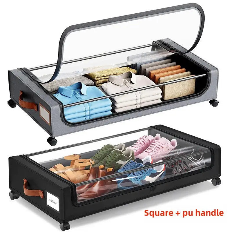 Rolling under-bed storage containers.