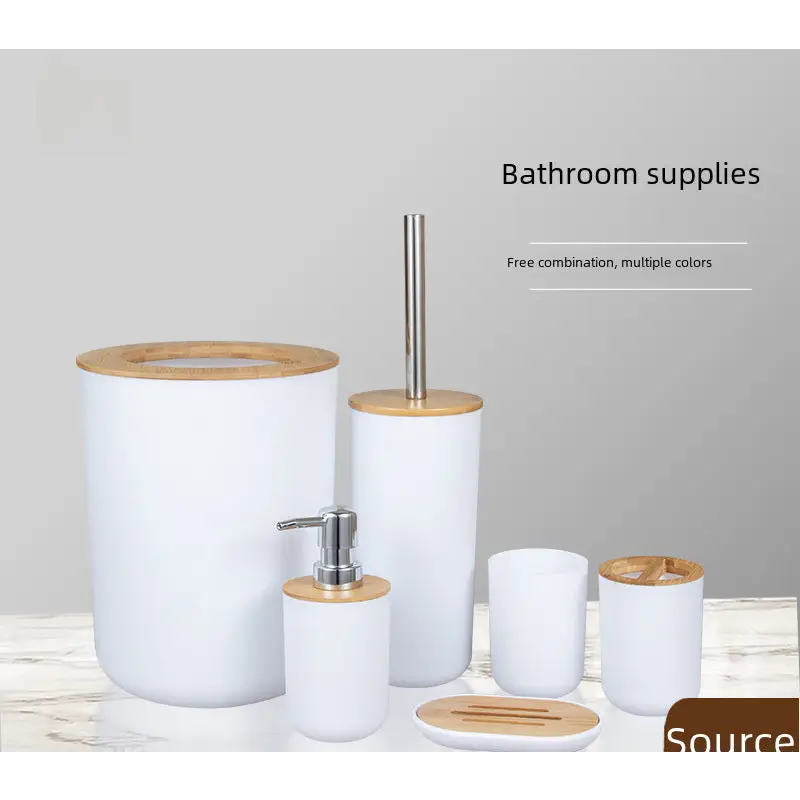 White and bamboo bathroom accessory set.