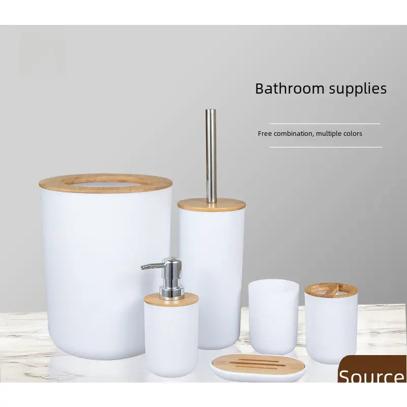 White and bamboo bathroom accessory set.