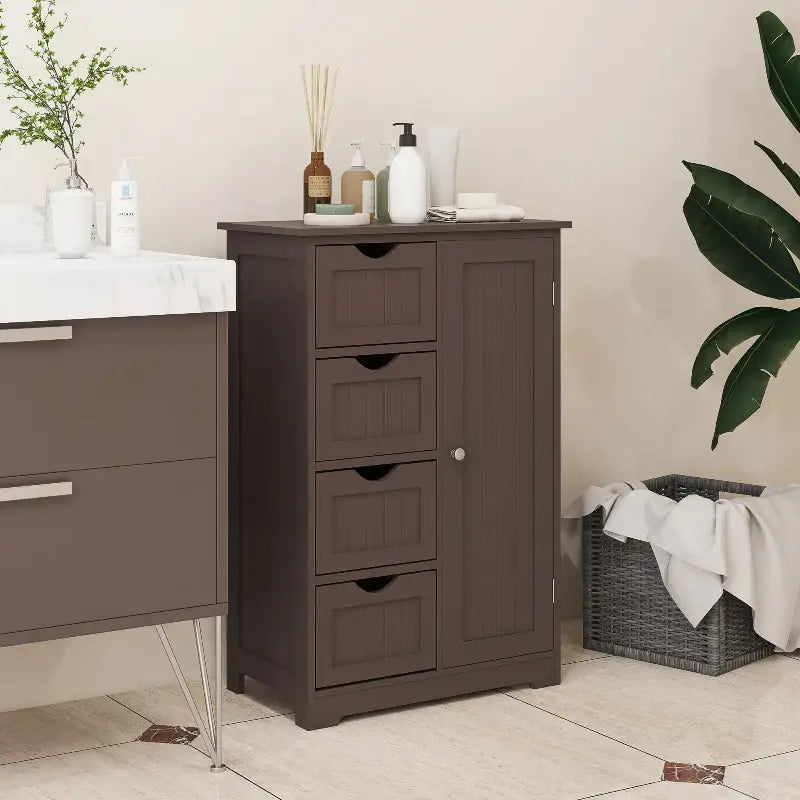 Brown bathroom cabinet with drawers and door.