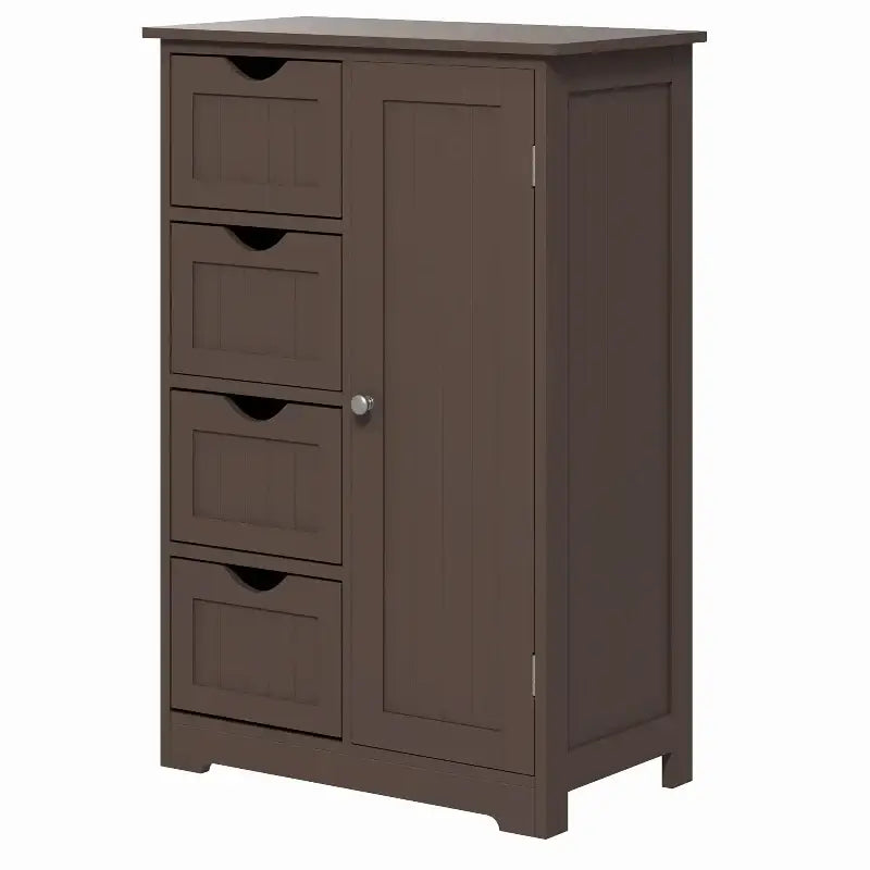 Brown wooden cabinet with drawers and door.