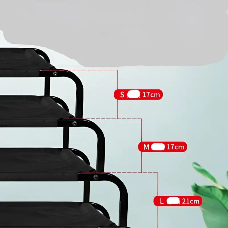 Tiered shoe rack with size labels, ideal for large dog kennels and dog large beds