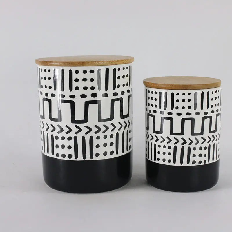 Ceramic Storage Canister set with patterned design and wooden lids for kitchen storage