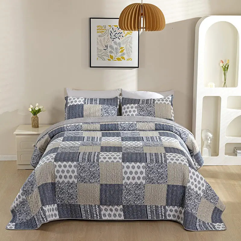 Patchwork quilt bedding set.
