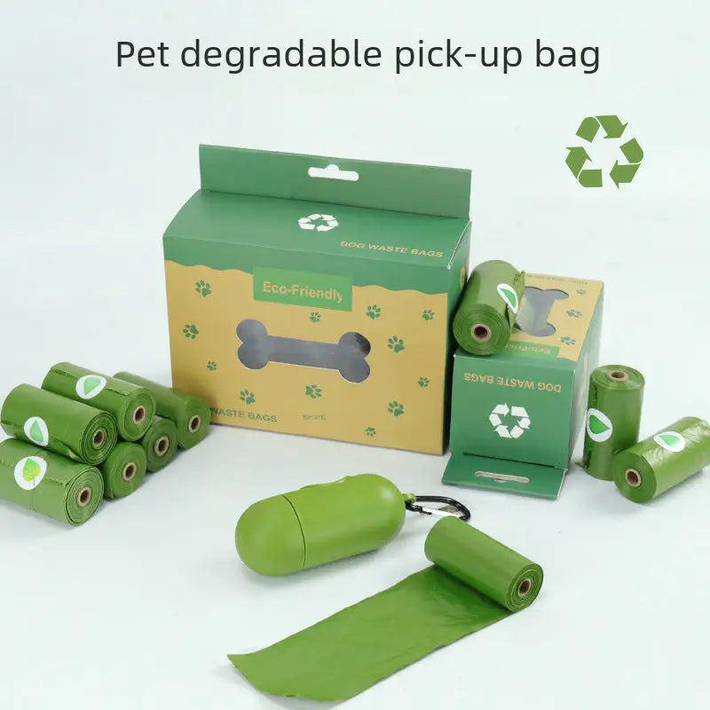 Green pet waste bags and dispensers.