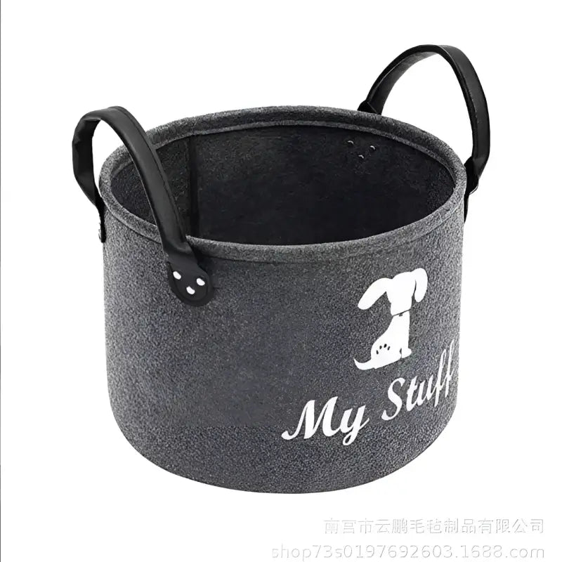 Gray felt dog toys storage bin with black handles for a clutter-free home