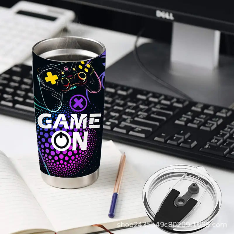 Gaming-themed stainless steel tumbler.