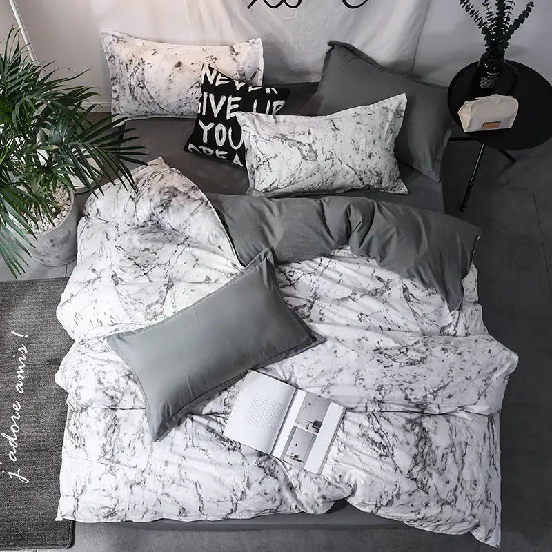 Marble-patterned bedding set.