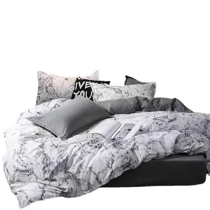 Marble-patterned bedding set.