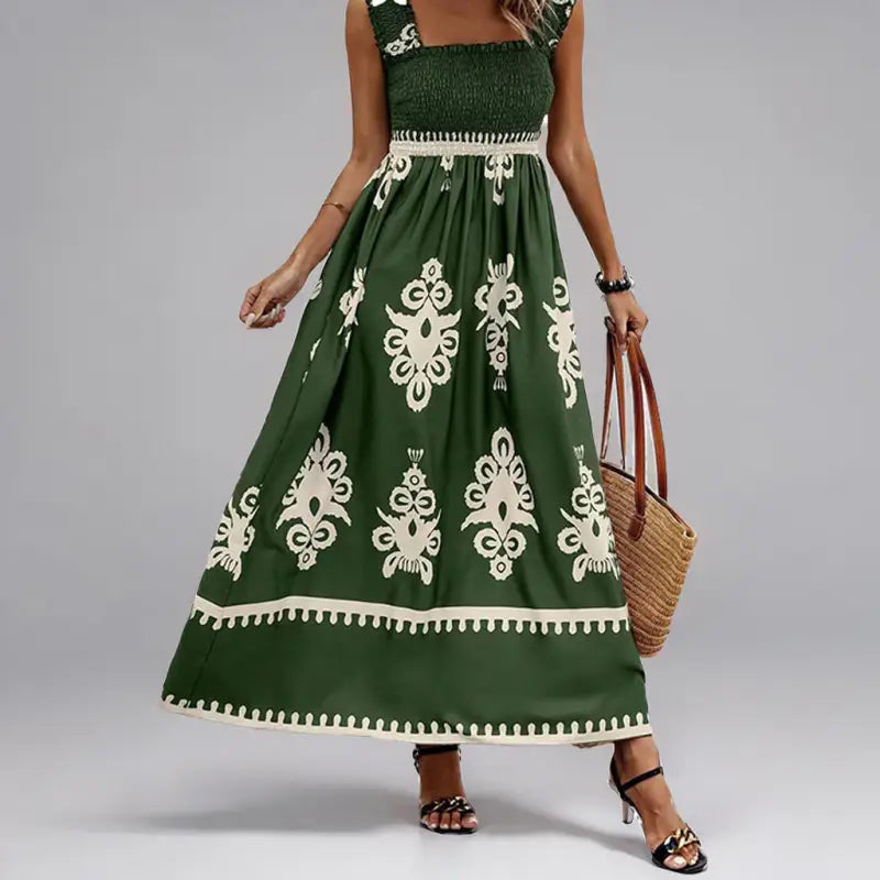 Green and white patterned maxi dress.