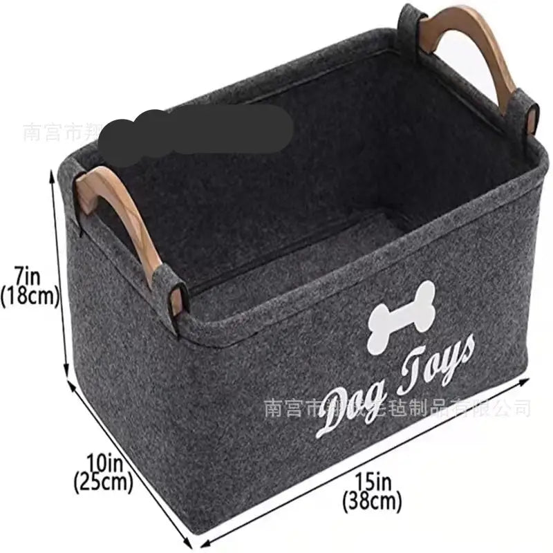 Gray Felt Storage Baskets with Wooden Handles for Dog Toy Storage