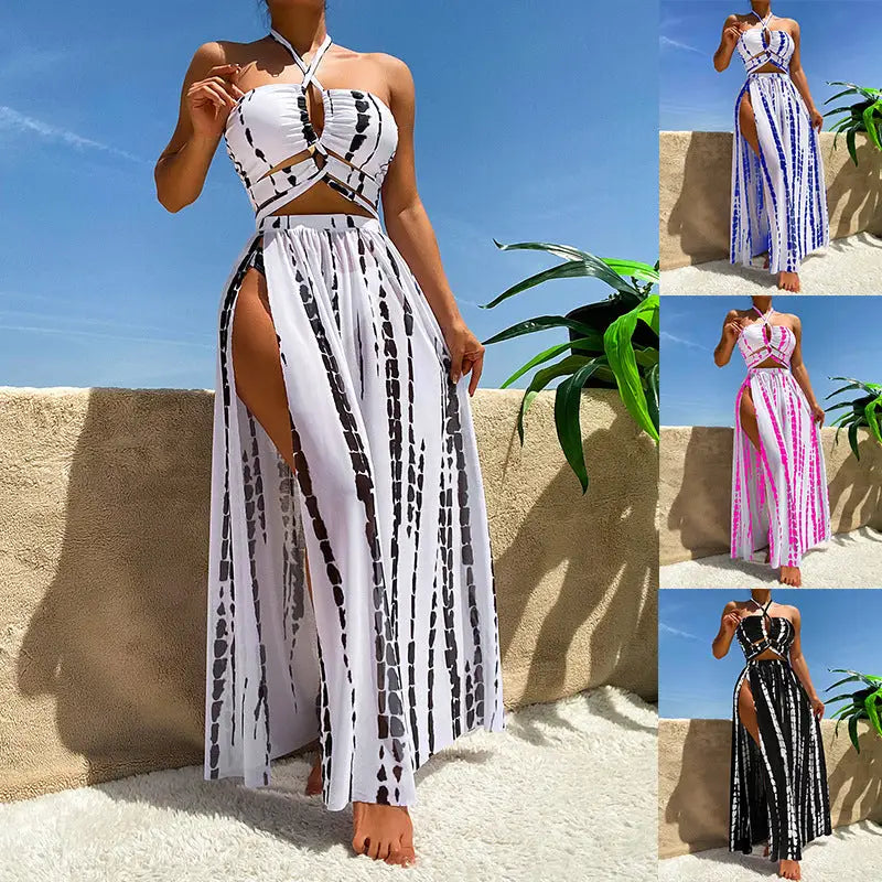 Tie-dye halter top and slit skirt set.