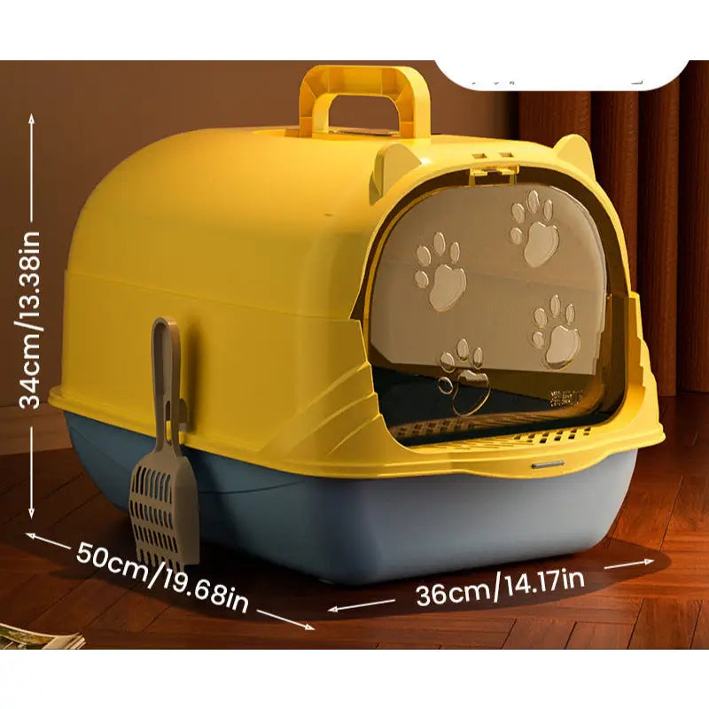 Yellow and blue hooded cat litter box with dimensions.