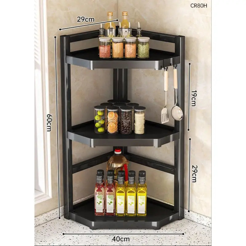 Three-tiered black corner shelf with dimensions.