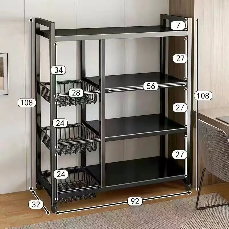 Black metal shelving unit with dimensions.
