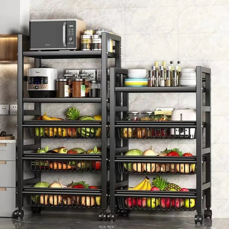 Rolling kitchen storage racks.