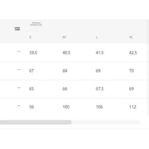 Clothing size chart.