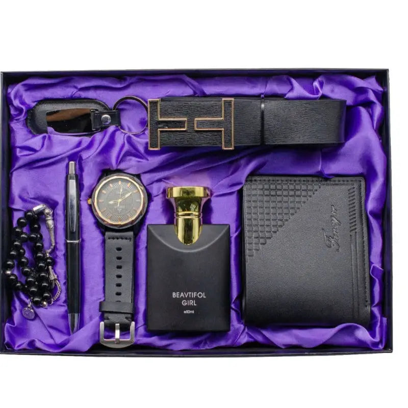 Gift set with watch, wallet, belt, perfume, pen, keychain, and prayer beads.