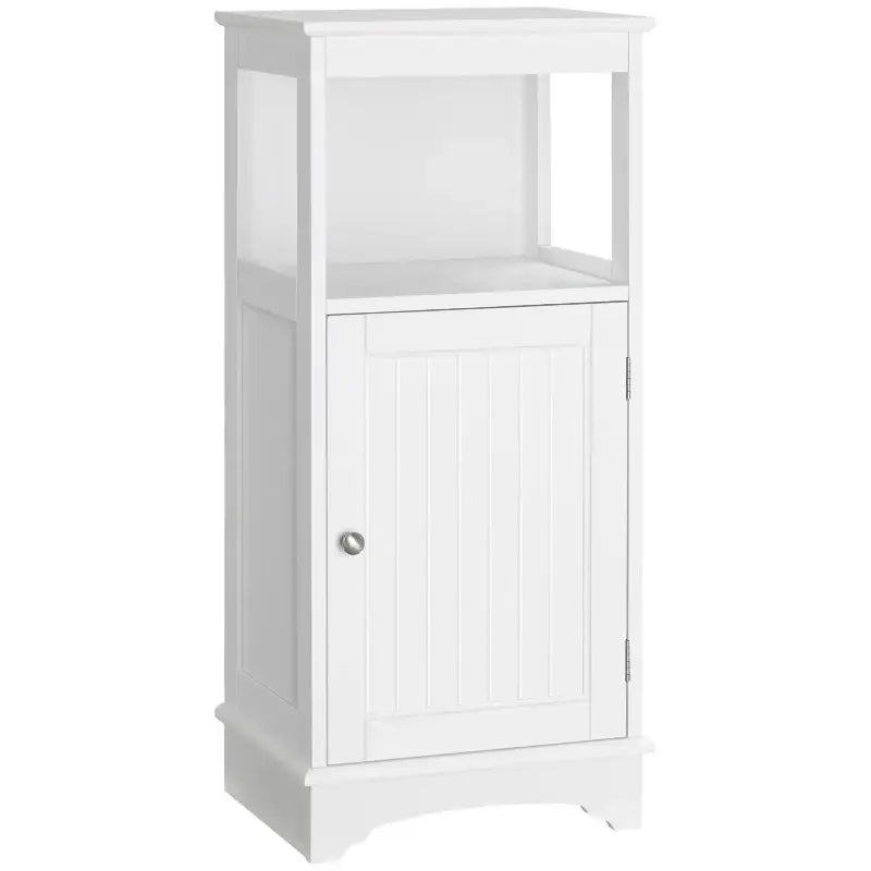 White bathroom cabinet with open shelf.