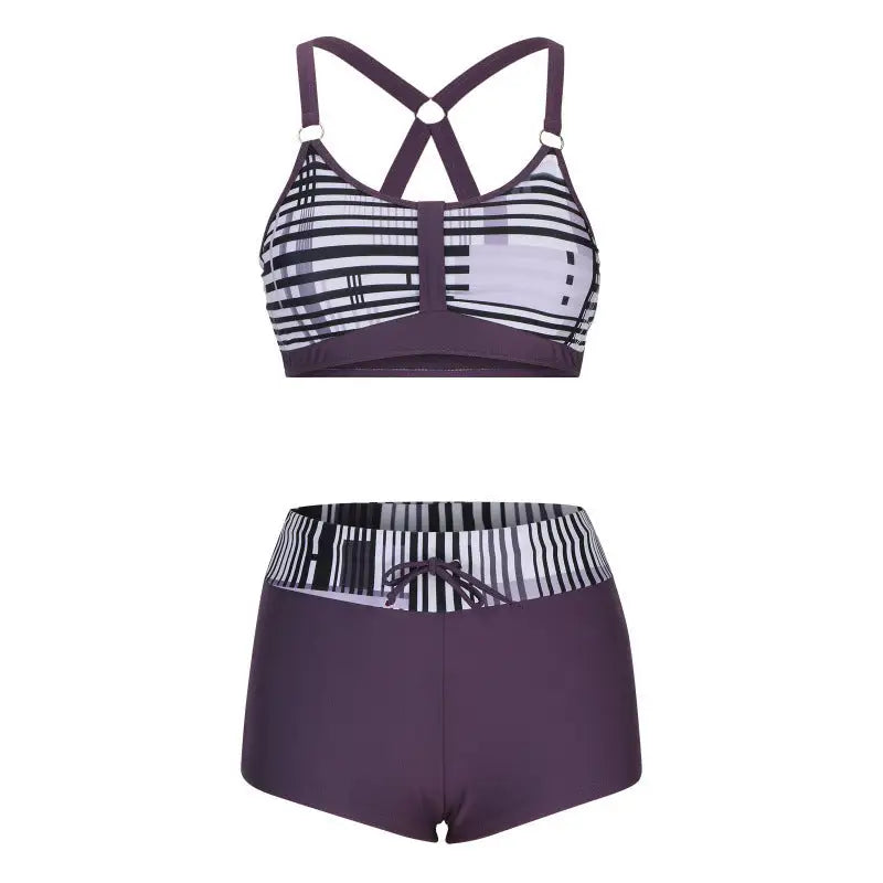 Two-piece striped swimsuit.