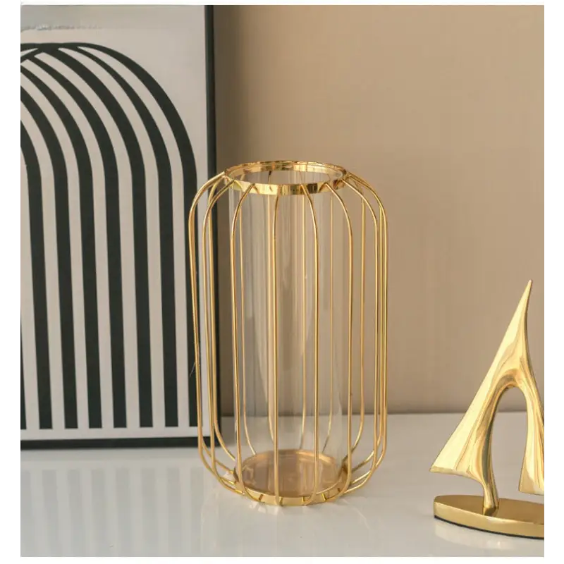 Gold metal cage vase.