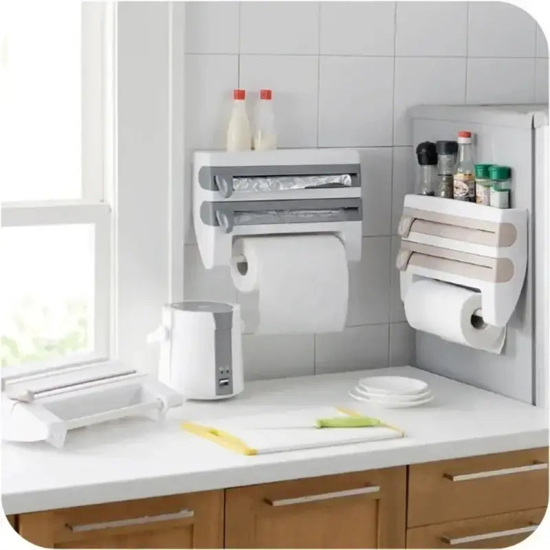 Kitchen organizer with dispenser for paper towels and foil in modern kitchen setting
