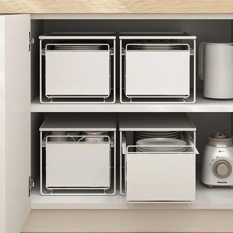 White pull-out kitchen storage shelves cabinets for double sink organization and storage