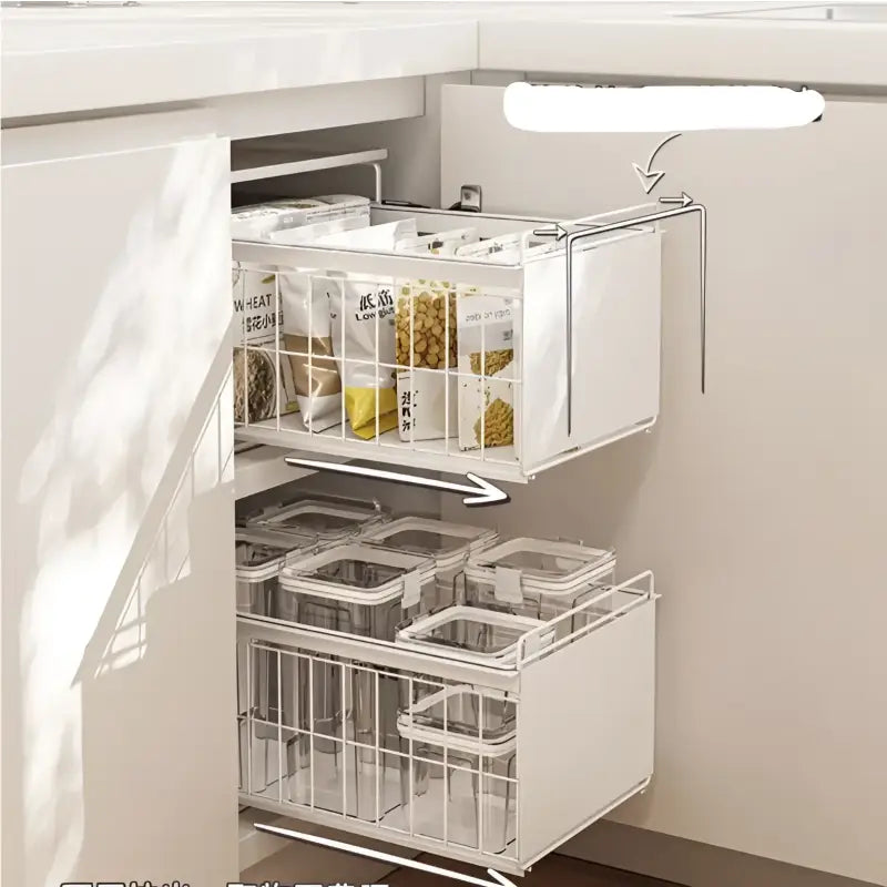 Pull-out double sink storage shelves in cabinets for efficient kitchen organization
