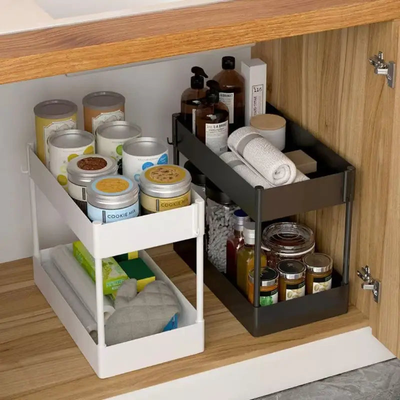 Two-tiered pull-out storage shelves for organized kitchen or closet storage solutions