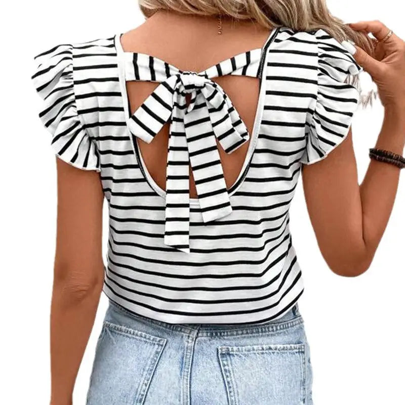 Striped backless top with bow.