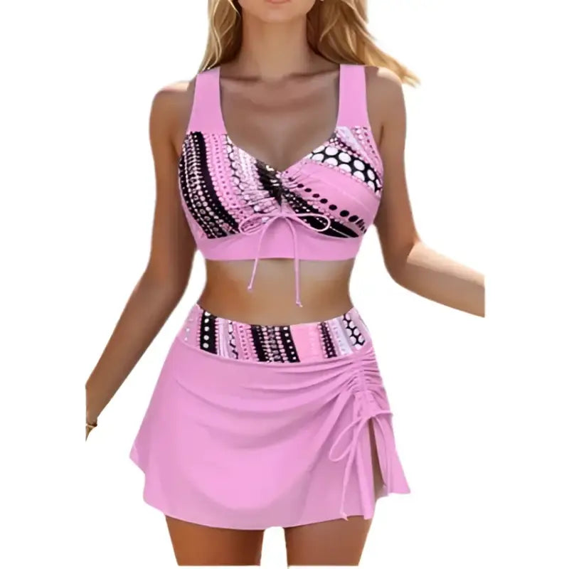 Pink skirted swimsuit.
