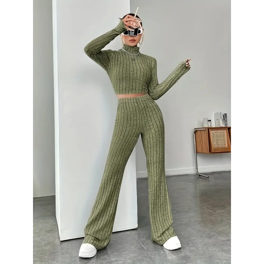 Olive green knit two-piece set.