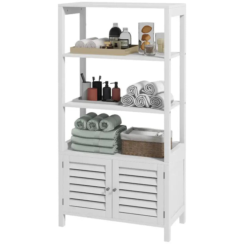 White bathroom shelving unit.