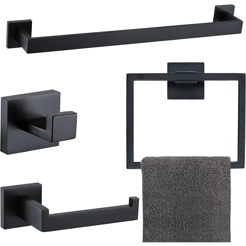 Matte black bathroom hardware set.