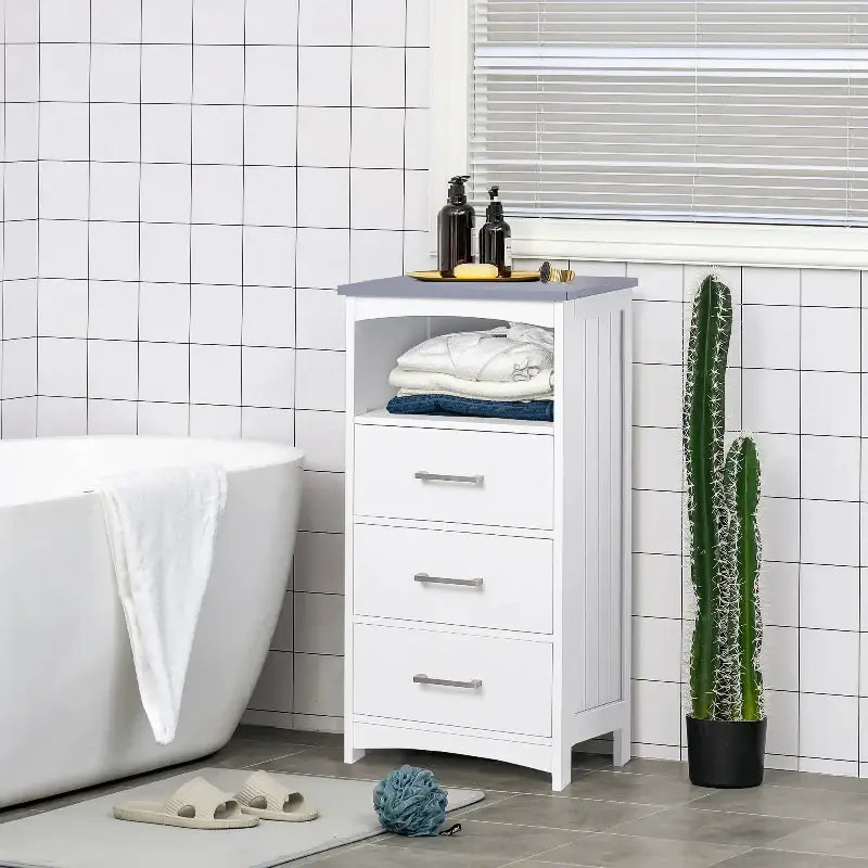 White bathroom storage cabinet.