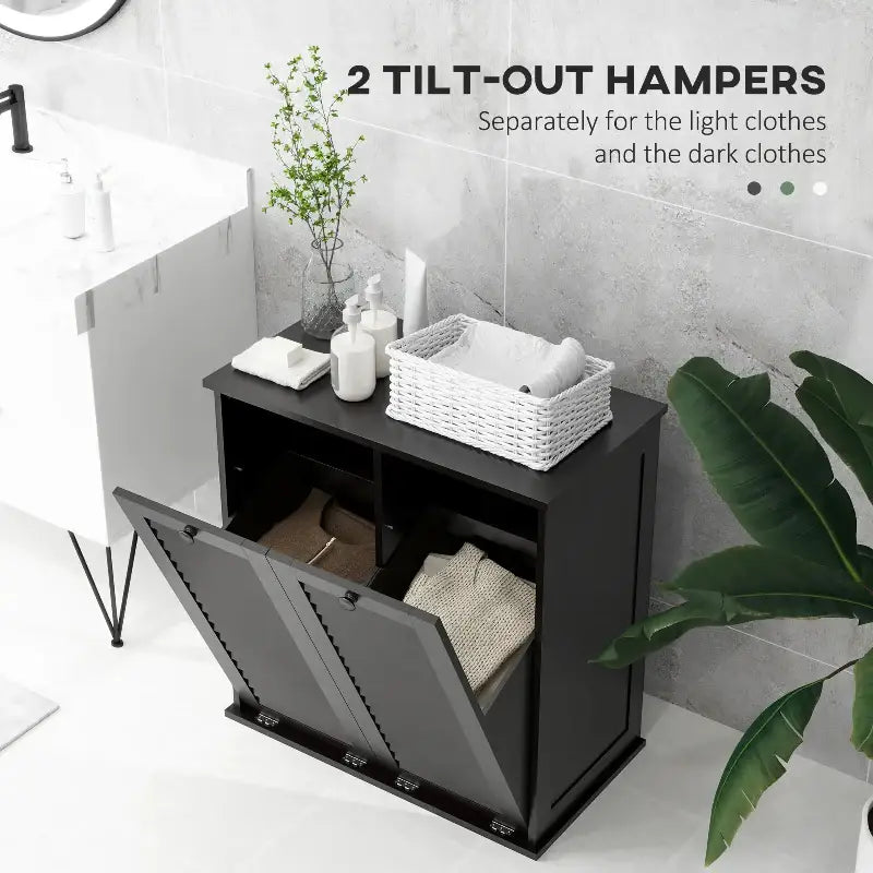 Dark-colored tilt-out laundry hamper.