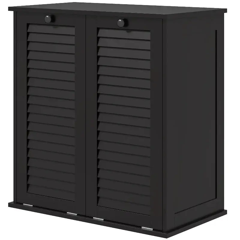 Black cabinet with louvered doors.