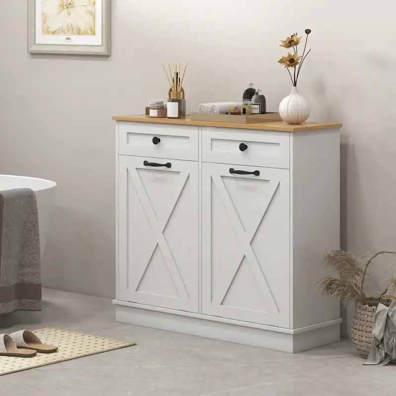 White cabinet with wooden top.